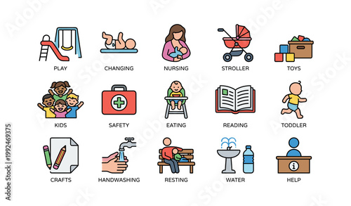 Childcare facility icons showing play, nursing and safety amenities