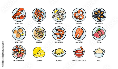 Seafood plate icons with labels arranged on white background