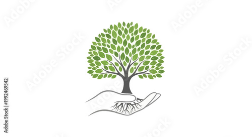 Illustration of a hand cradling a tree with leafy crown and exposed roots, white background
