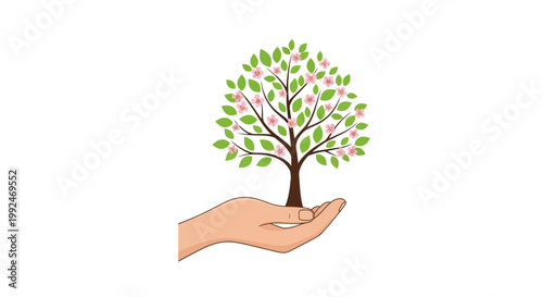 A cartoon depiction of a hand cradling a flourishing tree with pink blossoms and green leaves