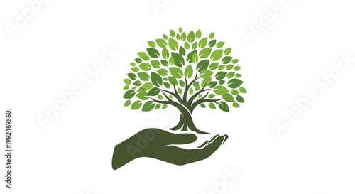 Stylized image of a tree with green leaves held in a dark green hand against a white backdrop