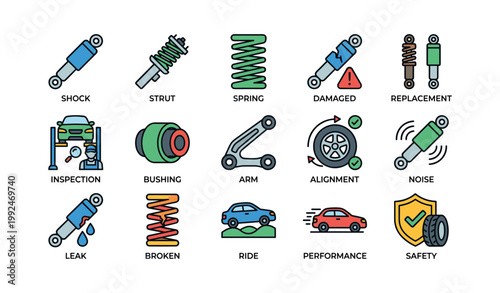 Vehicle suspension components and fault icons on white background