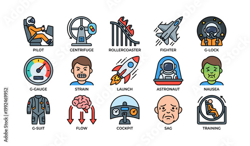 G force and astronaut training icons displayed on white background