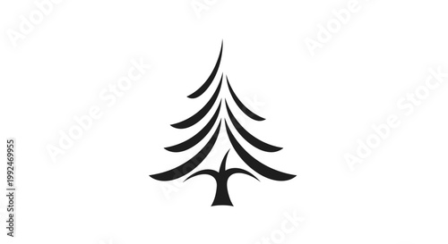 Minimalist black and white image, stylized conifer tree silhouette against a clean white backdrop