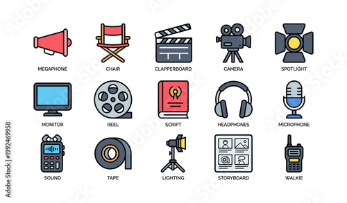 Film production icons arranged on white background grid