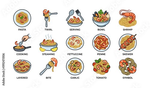 Shrimp pasta icons showing preparations on white background