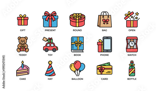 Collection of gift and party icons arranged on white background