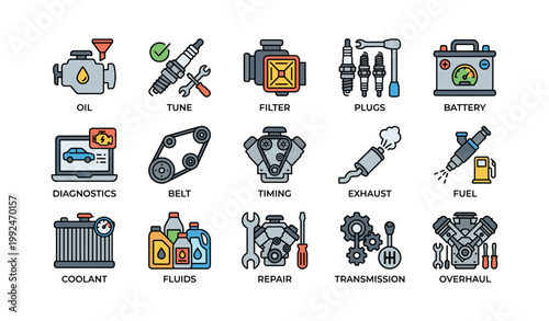 Automotive maintenance icons showing service tasks on white background