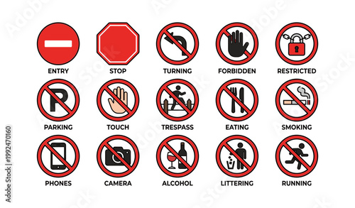 Prohibition signs indicating rules and restrictions on white background