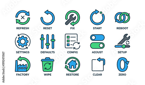 Reset and maintenance icons arranged in grid on white background