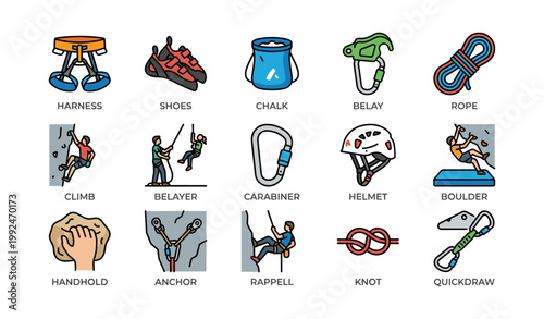Rock climbing gear and activity icons showing equipment and moves