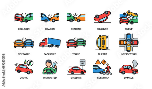 Car crash icons showing collision types and road hazards