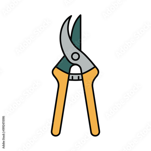 Pruning shears featuring sharp metal blades and yellow handles represent a specialized tool for landscaping.