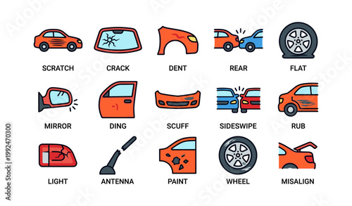 Vehicle damage icons showing scratches dents and repair parts