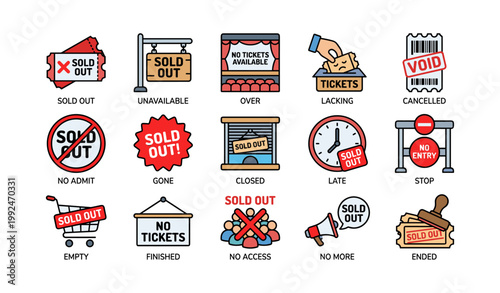 Sold out and ticket status icons arranged in grid on white background