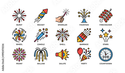 Fireworks and celebration icons arranged in grid on white background