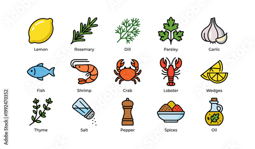 Seafood and seasoning icons arranged in grid layout