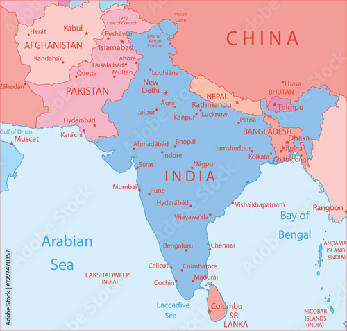 Vector political world map. South Asia with 
India, Kashmir, Pakistan, Bangladesh, Nepal, Afghanistan, 
Bhutan, Arabian sea, Bengal Bay, New Delhi,
Sri Lanka.