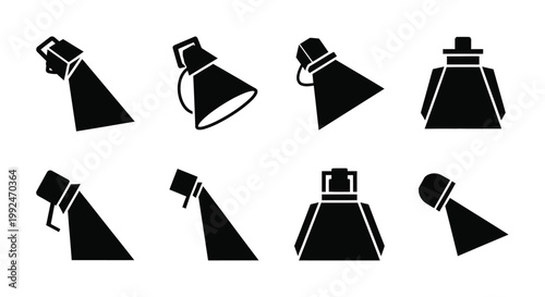 Collection of black silhouette spotlights and desk lamps arranged in a grid pattern