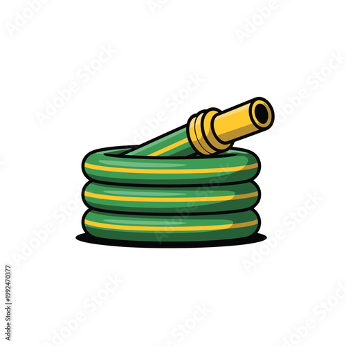 Garden hose coiled in a neat circle represents an essential tool for watering plants in the backyard garden.