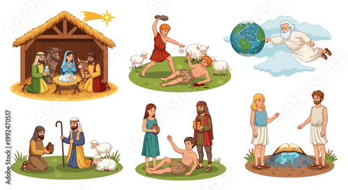 Biblical scenes, Christian icons, vector illustrations, 6 nativity story elements, colorful religious symbols