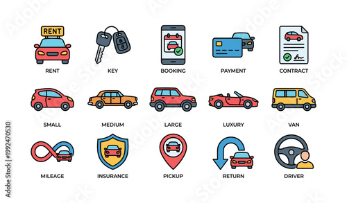 Car rental icons showing vehicle types and services grid