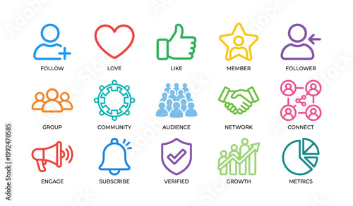 Social media icons showing engagement actions on white background