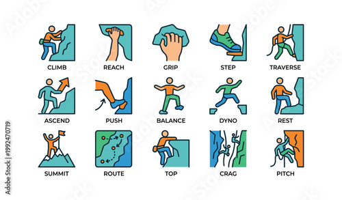 Rock climbing icons showing techniques, movements and routes