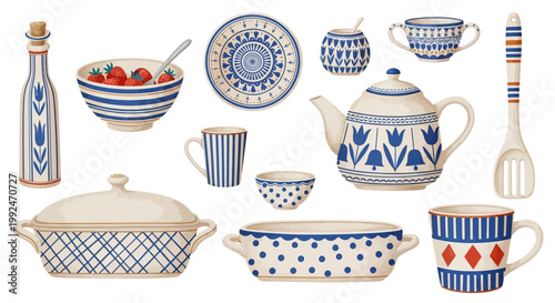 Vintage kitchenware, blue and white ceramics, 12 piece dinner set, tableware collection