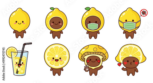 Cute kawaii lemon characters, cartoon citrus icons, fruit emojis, sticker set of 8
