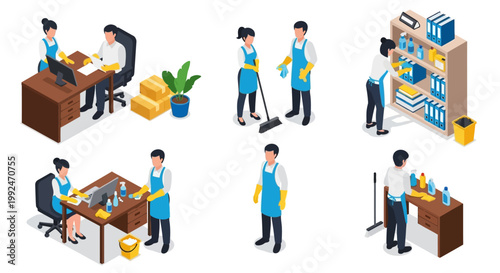 Office cleaning, janitorial services, maintenance workers, custodian staff, vector icons