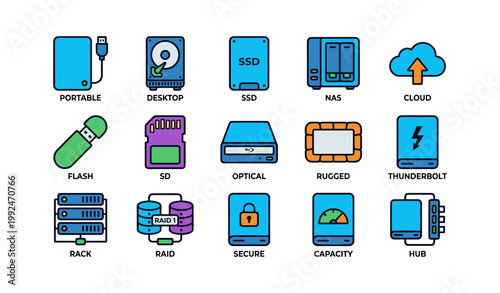 Storage devices arranged as icons on white background