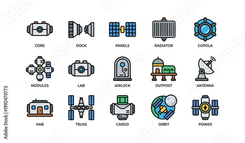 Space station icons showing modules and orbital equipment