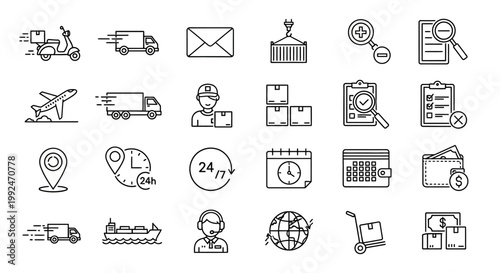 Logistics icons, delivery symbols, transportation signs, 25 black line icons