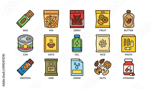 Snack and food supply icons arranged in grid on white background