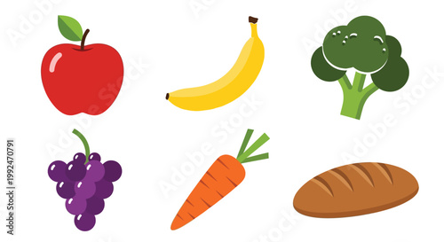 A colorful assortment of fruits vegetables and bread displayed on a white background