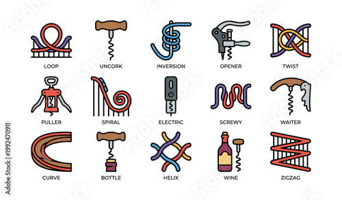 Corkscrew and opener icons showing twists and uncorking tools