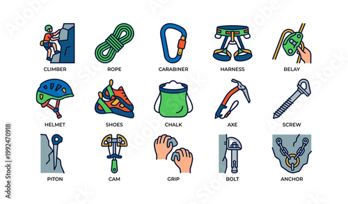 Climbing and mountaineering gear icons arranged on white background