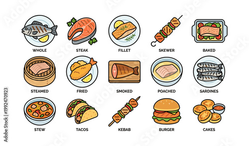 Fish and seafood food icons showing preparations on white background