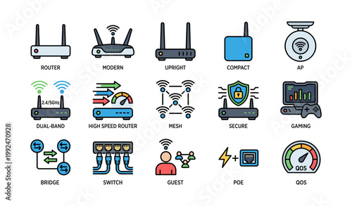 Wireless router and networking icons arranged on white background