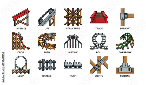 Roller coaster icons illustrating track elements on white