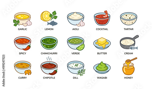 Condiment icons showing sauces and flavors on white background
