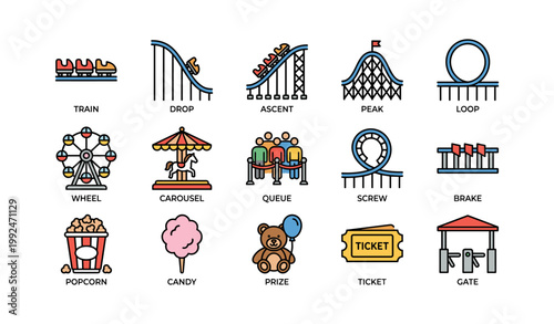 Amusement park icons showing rides and concessions on white background