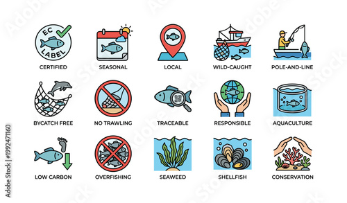 Sustainable seafood icons arranged on a white background grid layout