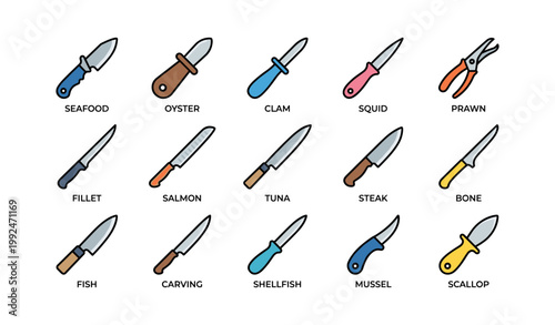 Knives for seafood and shellfish arranged on white background