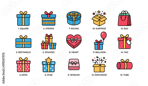 Gift and present icons showing various box styles on white background