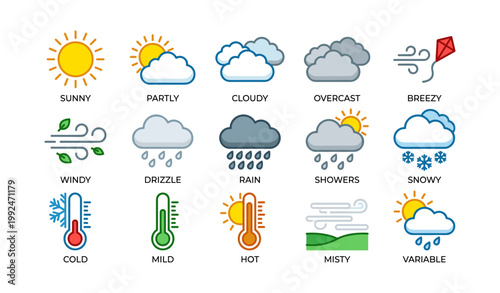 Weather condition icons showing forecast symbols on white background