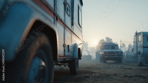 Sunrise at a truck parking area with vehicles in motion on a dirt road in the morning light near a camping site