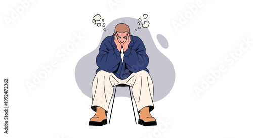 Sad man sitting, thinking, worried face, blue jacket, vector illustration, emotions, mental health
