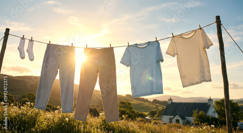 Outdoor clothesline sustainable and ecological alternative for drying clothes, sun drying beautiful environmental scene